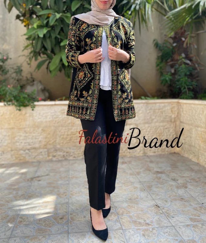 Elegant Palestinian Black And Green Embroidered Jacket V-Neck Jacket Boat Neck Jacket Square Neck Jacket