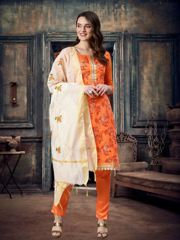 Women's Orange Modal Silk Embroidered Kurta With Trouser & Dupatta - Aastha Fashion Trousers cozy soft Women's Orange Modal Silk Embroidered Kurta With Trouser & Dupatta - Aastha Fashion Trousers cozy soft