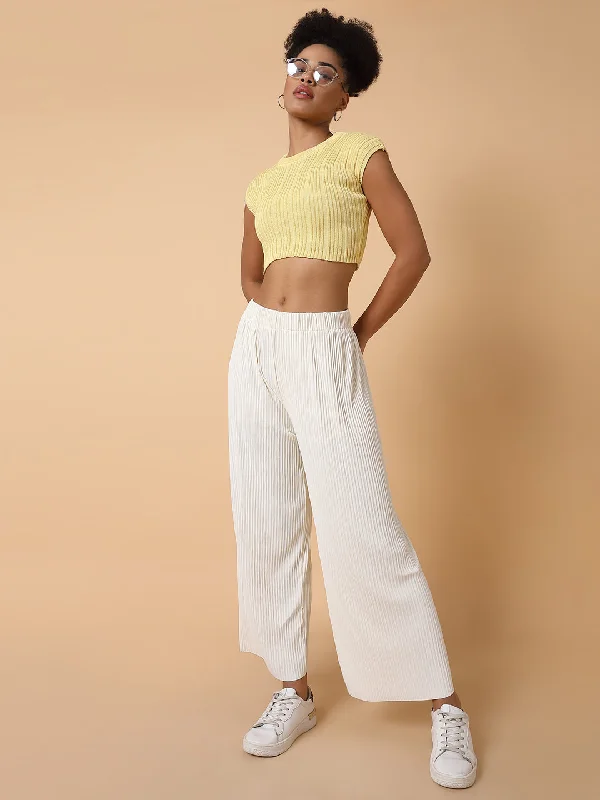 Women Flat Front Solid Cream Trousers-8826-1-Cream Trousers Yoga Stretchy