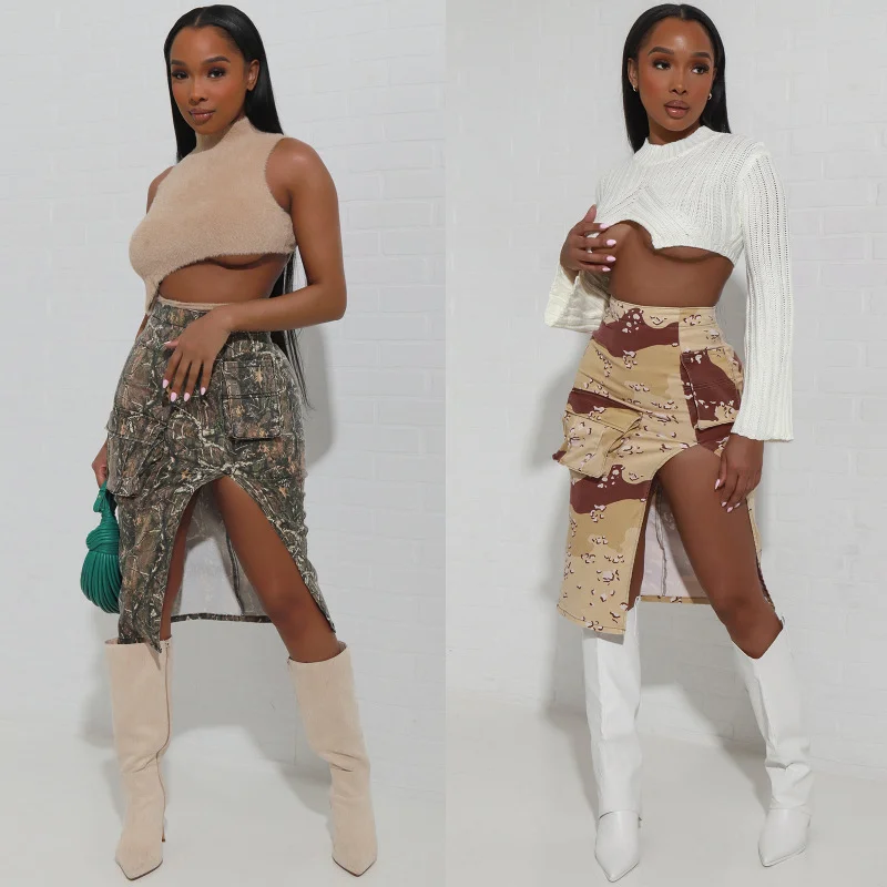 Fashion Women Personalized Camouflage Leaf Print Slit Zipper High Waist Skirt lace skirt delicate