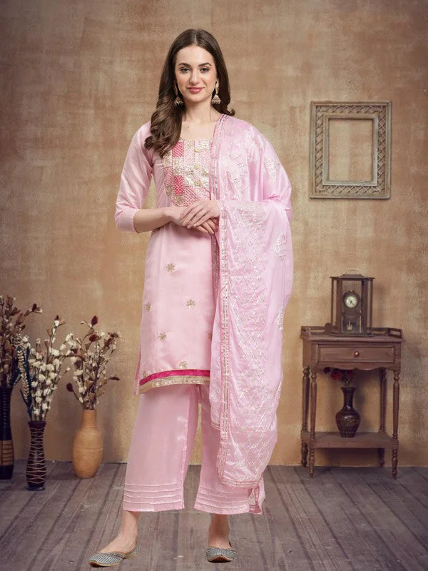 Women's Baby Pink Chanderi Silk Embroidered Kurta With Trouser & Dupatta - Aastha Fashion Trousers fashionable trendy Women's Baby Pink Chanderi Silk Embroidered Kurta With Trouser & Dupatta - Aastha Fashion Trousers fashionable trendy