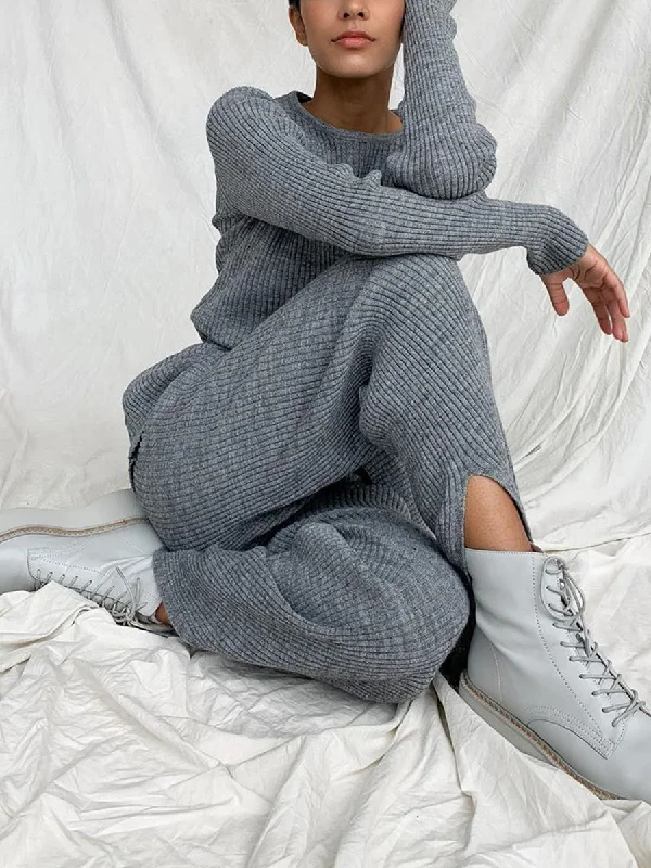 Round Neck Long Sleeve Trousers Knitted Women's Suit Trousers Yoga Stretchy