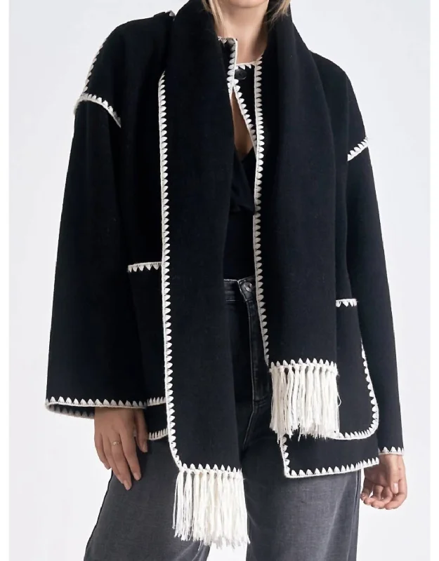 Jacket With Top Stitch And Removeable Scarf In Black Knit Jacket Woven Jacket Fleece Jacket Jacket With Top Stitch And Removeable Scarf In Black Knit Jacket Woven Jacket Fleece Jacket