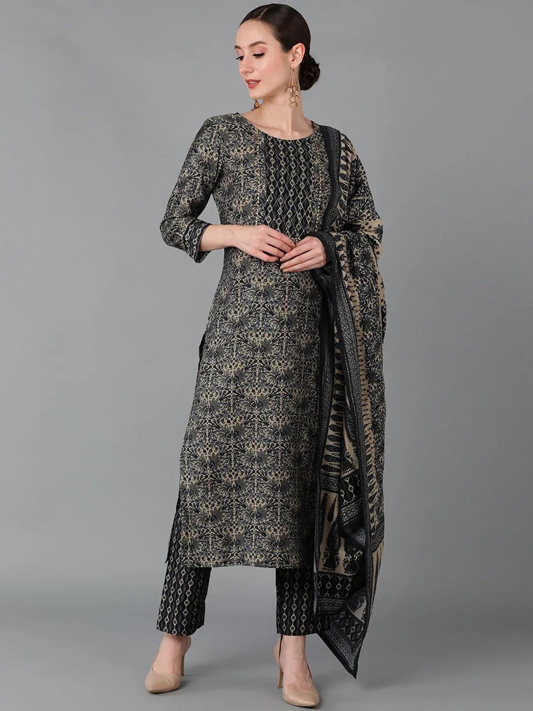 Ahika Women Black Silk Blend Printed Kurta Trousers With Dupatta Trousers Gym Athletic