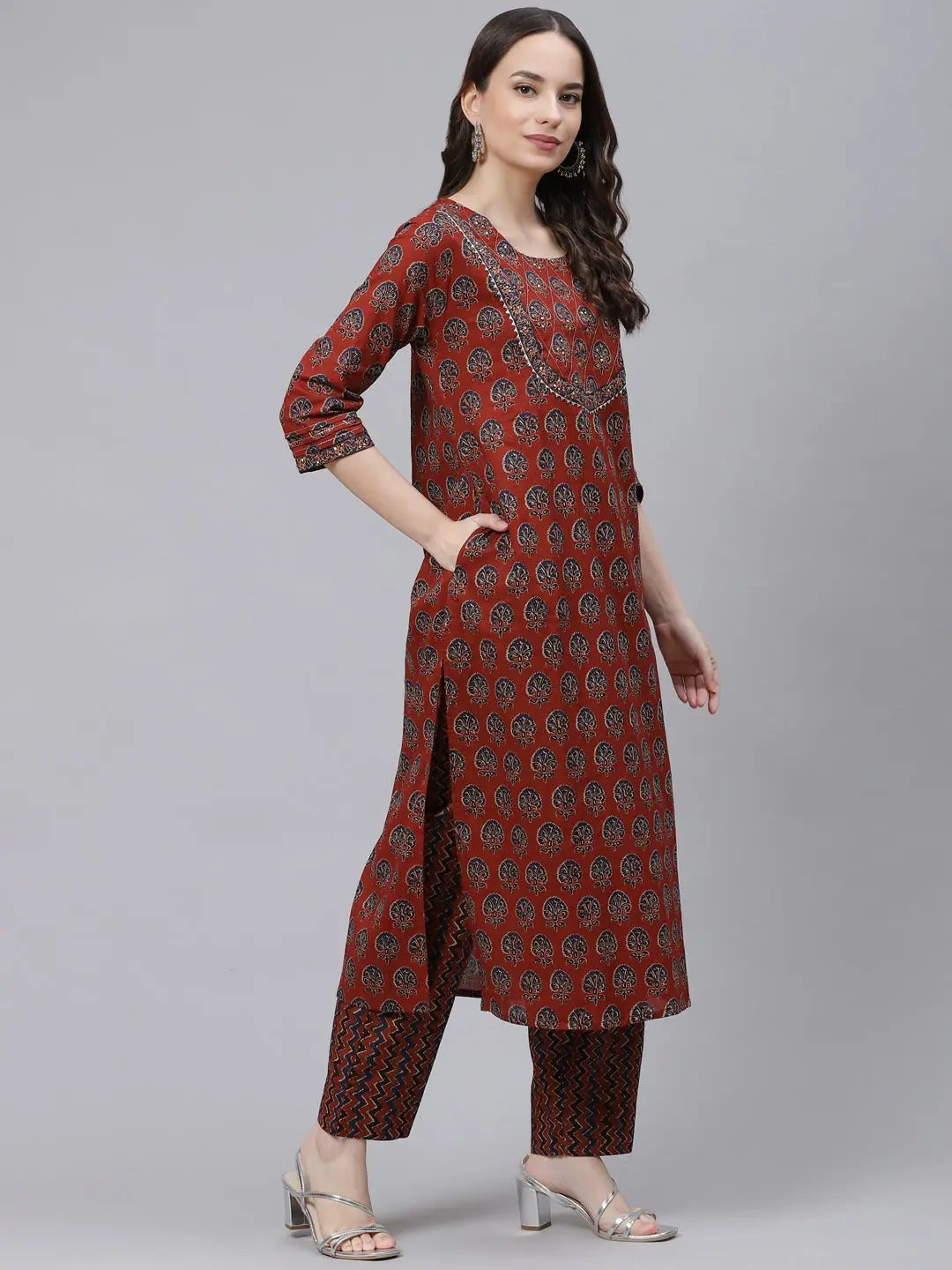Ahika Women Rust Orange Navy Blue Printed Cotton Kurta With Trousers Dupatta Trousers Summer Linen Ahika Women Rust Orange Navy Blue Printed Cotton Kurta With Trousers Dupatta Trousers Summer Linen