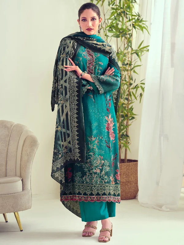 Women's Teal Muslin Floral Digital Print With Resham Thread Work Kurta With Trouser & Dupatta - Aastha Fashion Trousers Culottes Wide Leg