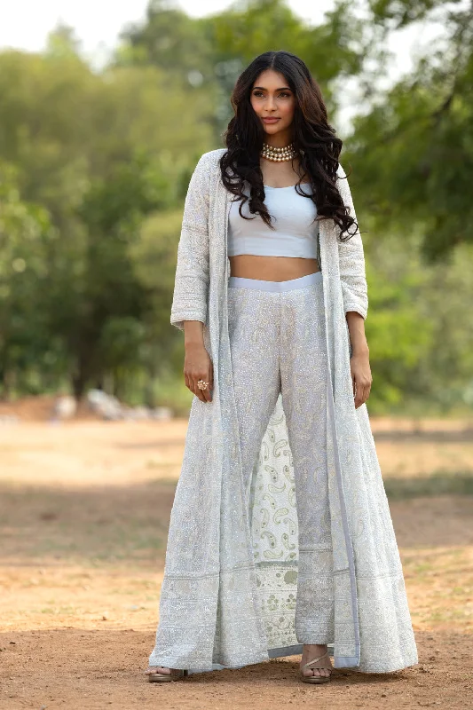 Blue Chikankari Set With Full Length Jacket,Crop Top And Pants Terry Blend Velvet Blend Canvas Blend Blue Chikankari Set With Full Length Jacket,Crop Top And Pants Terry Blend Velvet Blend Canvas Blend