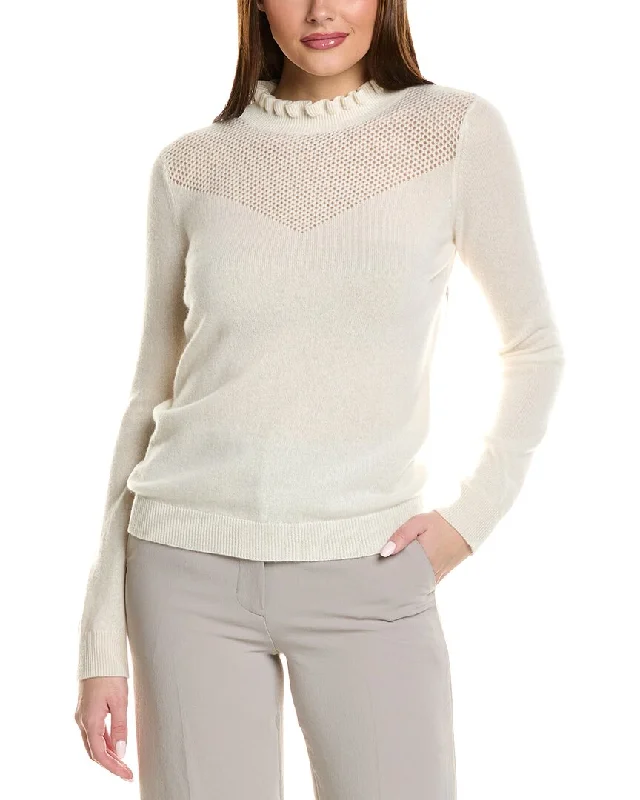 Sofiacashmere Ruffle Mock Neck Mesh Stitch Cashmere Sweater Oversized Loose Flowy