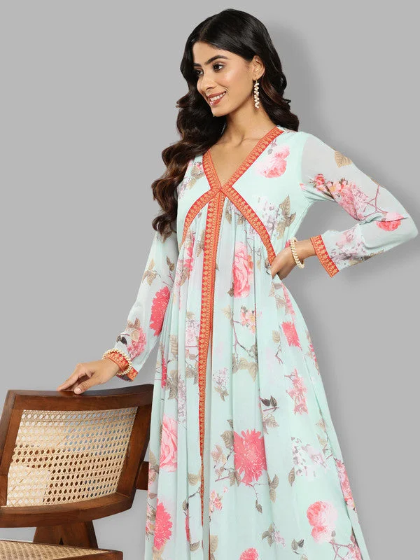 Women's Floral Printed Empire Kurta With Trousers - Ahalyaa Trousers Top Rated