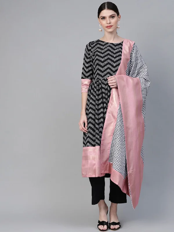 Women's Black & White Polka Dots Chevron Khari Printed Kurta With Trousers & Dupatta - Ahalyaa Trousers luxurious high-end Women's Black & White Polka Dots Chevron Khari Printed Kurta With Trousers & Dupatta - Ahalyaa Trousers luxurious high-end