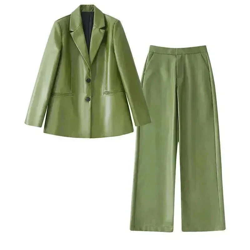 Single Breasted Casual Imitation Leather Suit Jacket Trousers Suit Women Front Pockets Side Pockets Patch Pockets Single Breasted Casual Imitation Leather Suit Jacket Trousers Suit Women Front Pockets Side Pockets Patch Pockets