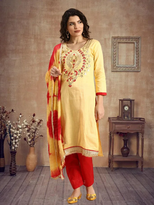 Women's Yellow Glass Cotton Embroidered Kurta With Trouser & Dupatta - Aastha Fashion Trousers cozy comfortable Women's Yellow Glass Cotton Embroidered Kurta With Trouser & Dupatta - Aastha Fashion Trousers cozy comfortable