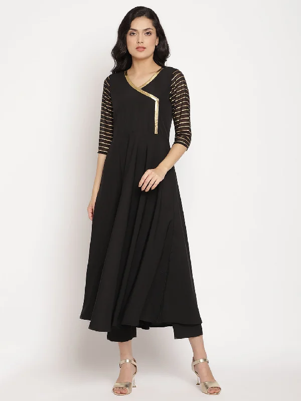 Women's Black Printed Angrakha Kurta With Trousers & With Dupatta- Ahalyaa Trousers Bridal Satin Women's Black Printed Angrakha Kurta With Trousers & With Dupatta- Ahalyaa Trousers Bridal Satin
