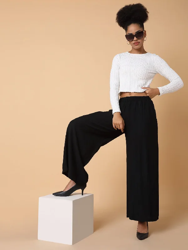 Women Solid Black Loose Fit Trouser-1075-Black Trousers Office Stylish