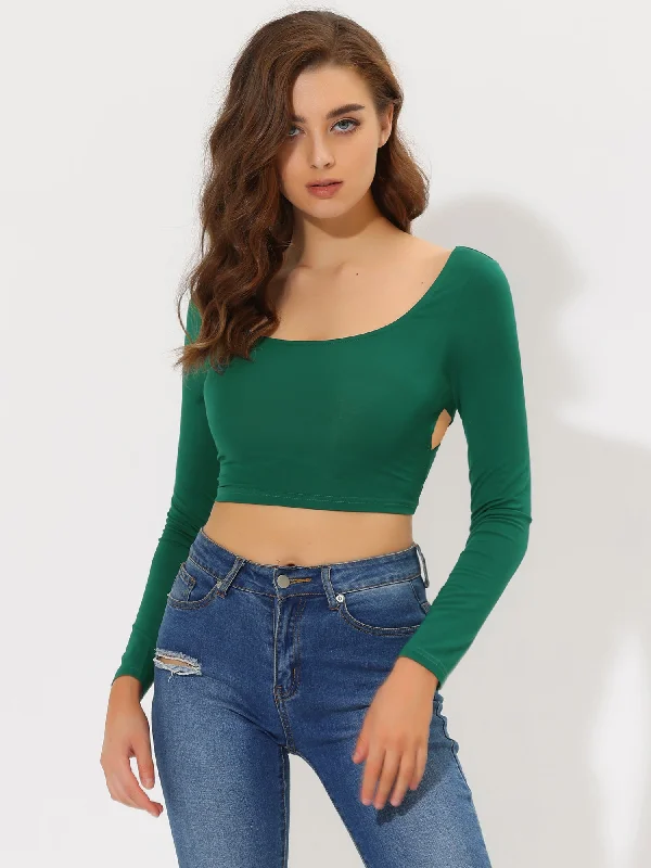 Sexy Crop Top Long Sleeve Scoop Neck Crisscross Tie Back Blouse Seamless Knitted Crochet Sexy Crop Top Long Sleeve Scoop Neck Crisscross Tie Back Blouse Seamless Knitted Crochet