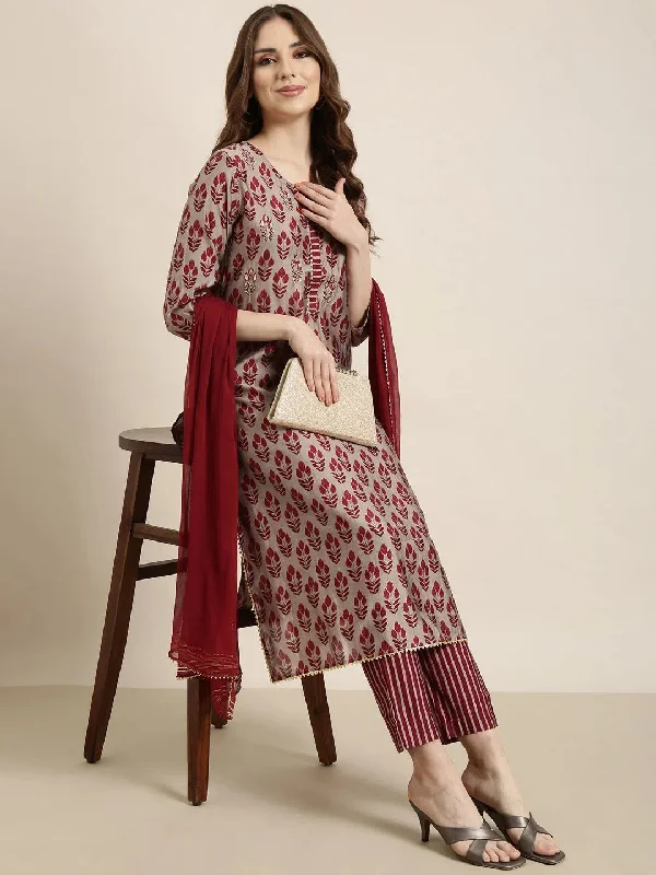 Women Straight Maroon Floral Kurta and Trousers Set Comes With Dupatta-UB-2451-Maroon Trousers versatile all-occasion Women Straight Maroon Floral Kurta and Trousers Set Comes With Dupatta-UB-2451-Maroon Trousers versatile all-occasion