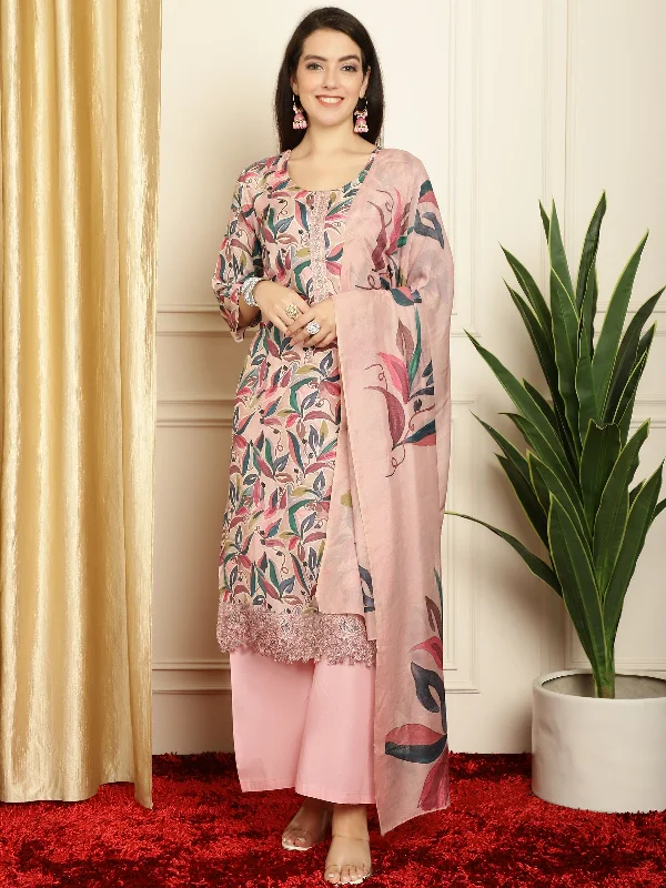 Women's Pink Muslin Digital Printed With Embroidered Lace Work Kurta With Trouser & Dupatta (Semi-Stitched ) - Aastha Fashion Trousers Bootcut Casual Women's Pink Muslin Digital Printed With Embroidered Lace Work Kurta With Trouser & Dupatta (Semi-Stitched ) - Aastha Fashion Trousers Bootcut Casual