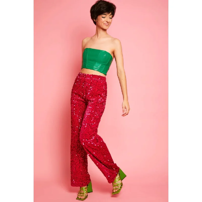 Pink Bamboo Blend Sequin Trousers Trousers Low Rise Relaxed