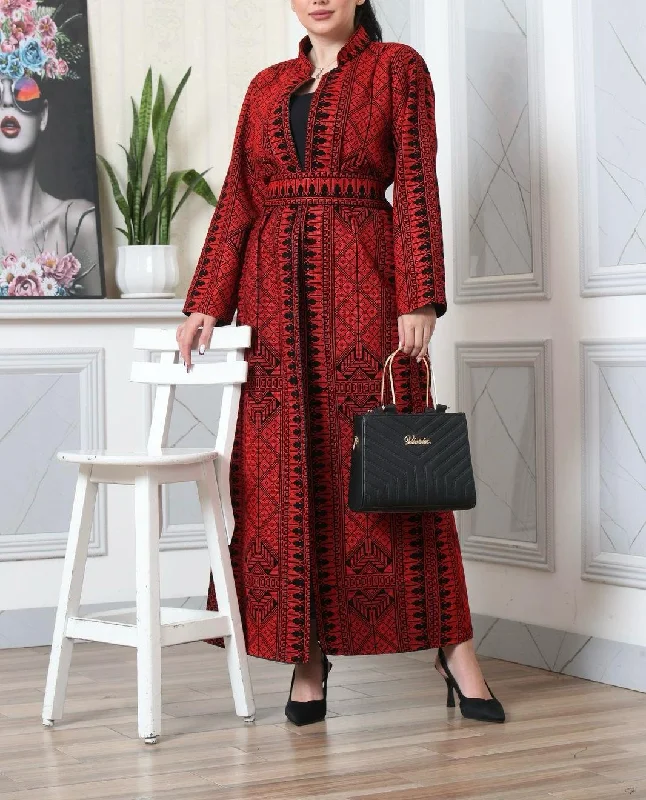 Stylish Long Black And Red Embroidered Maxi Jacket/Abaya Print Jacket Jacquard Jacket Patchwork Jacket Stylish Long Black And Red Embroidered Maxi Jacket/Abaya Print Jacket Jacquard Jacket Patchwork Jacket