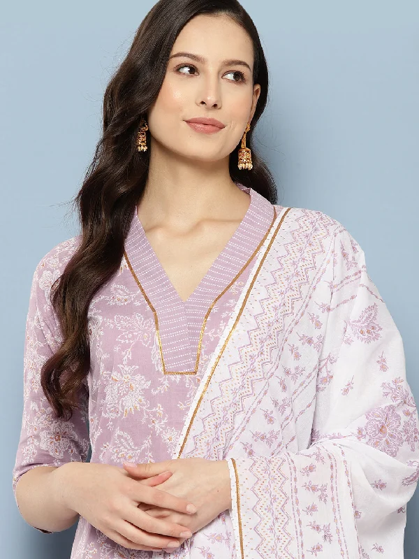 Women's Floral Printed Gotta Patti Pure Cotton Kurta With Trousers & With Dupatta - Ahalyaa Trousers Elastic Waist Soft Women's Floral Printed Gotta Patti Pure Cotton Kurta With Trousers & With Dupatta - Ahalyaa Trousers Elastic Waist Soft