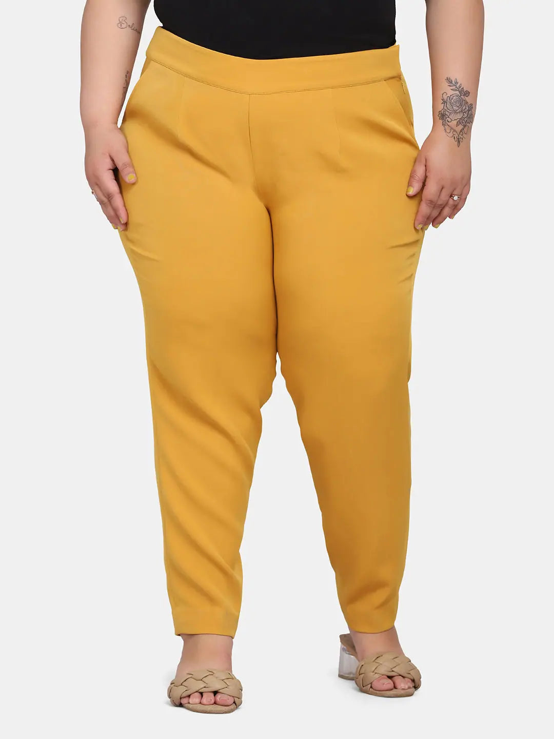 Women’s Slim Fit Stretch Trousers - Mustard Yellow Trousers trendy modern