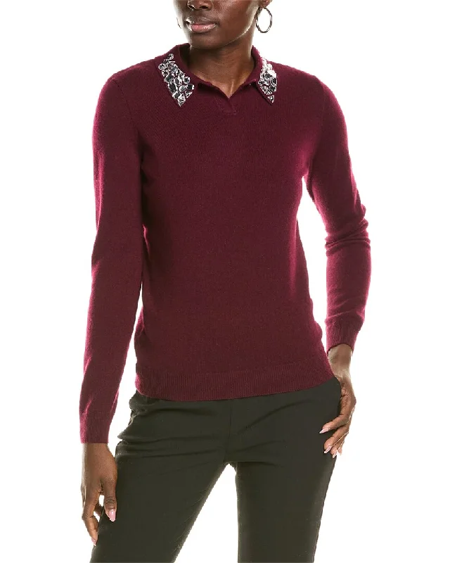 Sofiacashmere Embellished Collar Cashmere Sweater Elasticated Padded Insulated