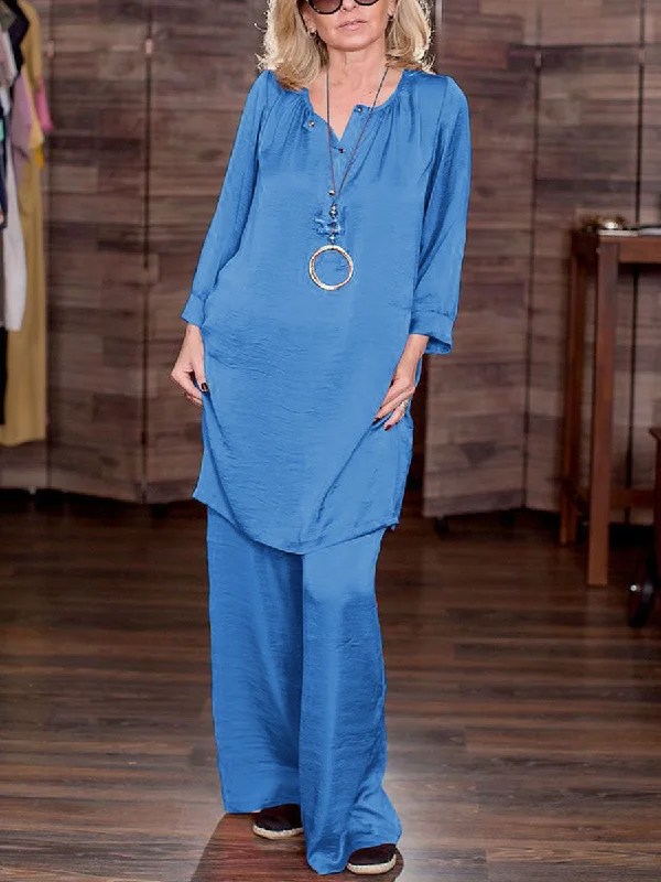 Long Sleeve Loose Top and Trousers Simple Two-piece Suit Trousers Office Stylish