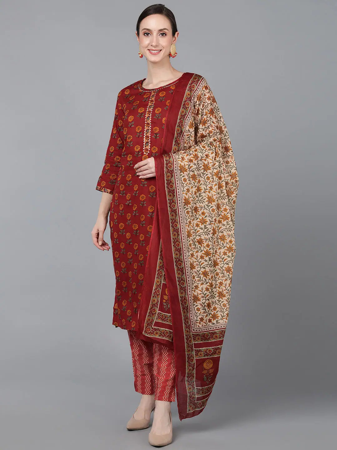 Ahika Women Red Pure Cotton Floral Printed Kurta Trousers With Dupatta Trousers Sale Discount Ahika Women Red Pure Cotton Floral Printed Kurta Trousers With Dupatta Trousers Sale Discount