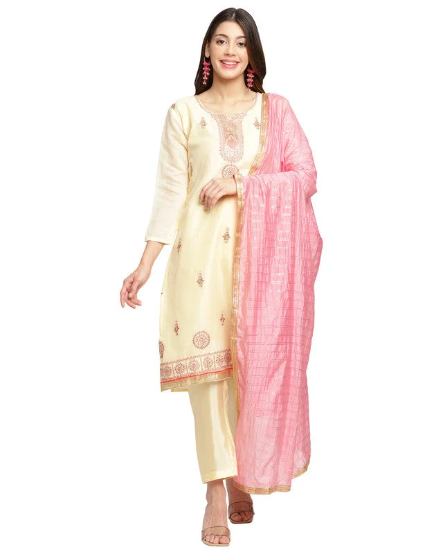 Women's Cream Chanderi Silk Embroidered Kurta With Trouser & Dupatta - Aastha Fashion Wide Leg Loose Fit Mid Waist Women's Cream Chanderi Silk Embroidered Kurta With Trouser & Dupatta - Aastha Fashion Wide Leg Loose Fit Mid Waist