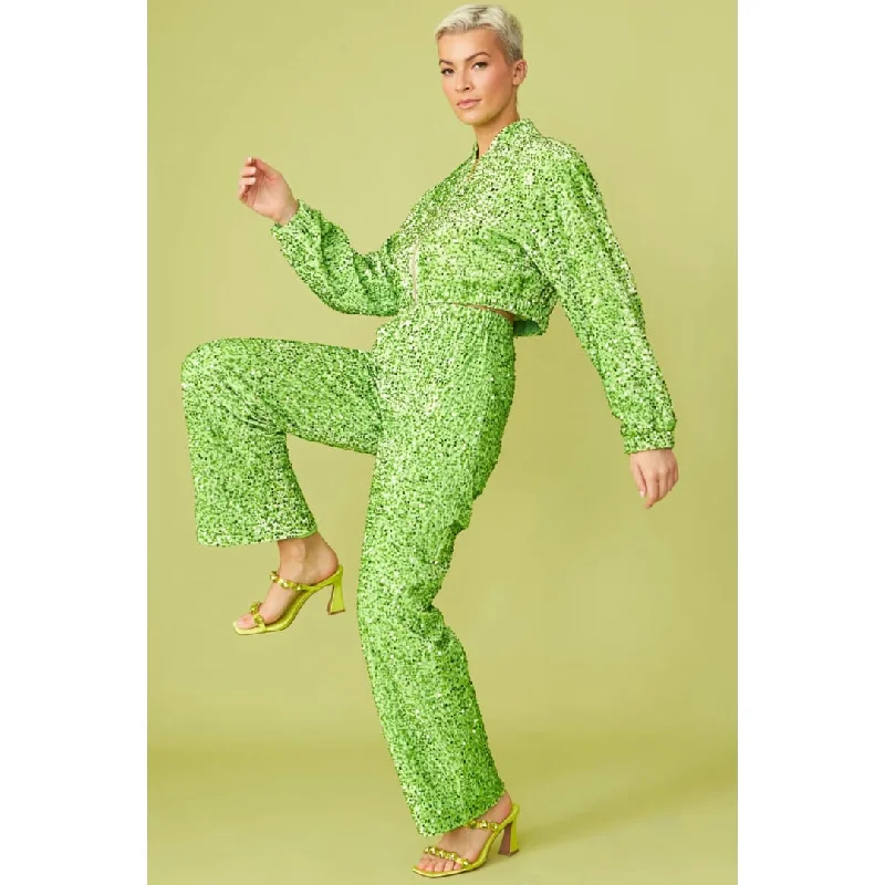Green Bamboo Blend Sequin Trousers Trousers Denim Blue