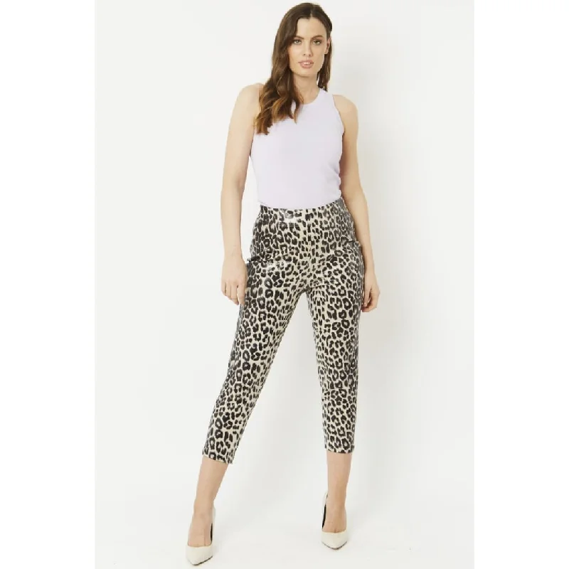 Grey Leopard Print Faux Suede Trousers Trousers High Rise Slim Fit