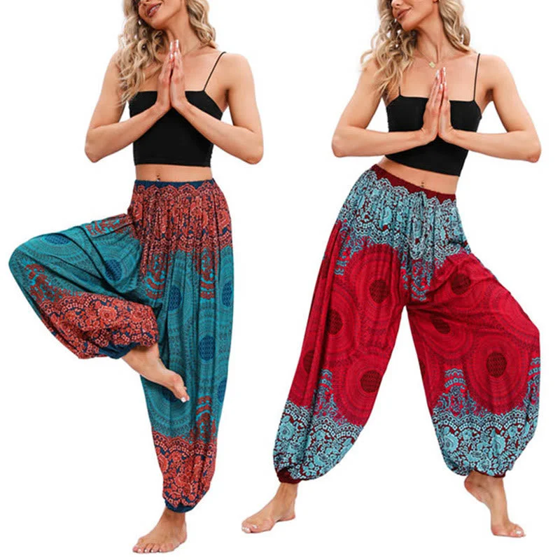 Buddha Stones Loose Circle-shaped Flowers Pattern Harem Trousers Women's Yoga Pants Trousers Fleece Cozy Buddha Stones Loose Circle-shaped Flowers Pattern Harem Trousers Women's Yoga Pants Trousers Fleece Cozy