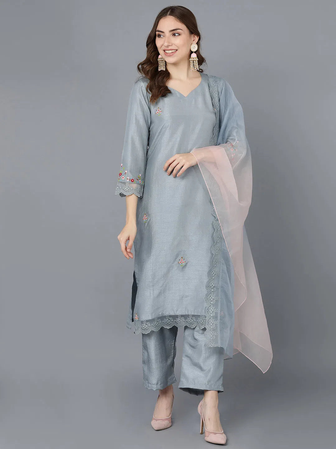 Ahika Women Grey Poly Silk Embroidered Kurta Trousers With Dupatta 1 Trousers Trousers Formal Ahika Women Grey Poly Silk Embroidered Kurta Trousers With Dupatta 1 Trousers Trousers Formal