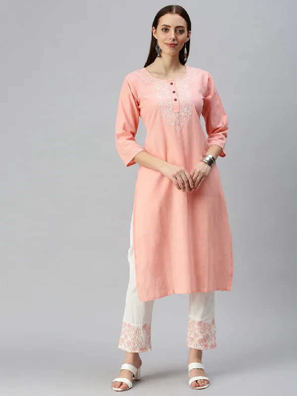 Women Straight Pink Embroidered Kurta and Trousers-AB2254-Pink Trousers Timeless Classic Women Straight Pink Embroidered Kurta and Trousers-AB2254-Pink Trousers Timeless Classic