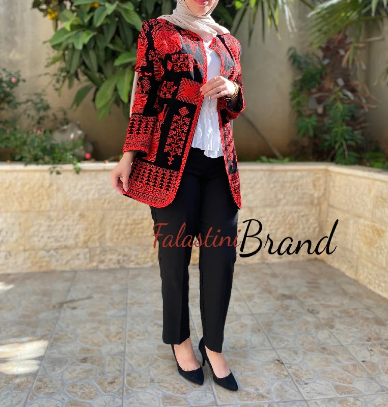 Elegant Palestinian Black And Red Embroidered Jacket Notch Collar Jacket Peter Pan Collar Jacket Cowl Neck Jacket Elegant Palestinian Black And Red Embroidered Jacket Notch Collar Jacket Peter Pan Collar Jacket Cowl Neck Jacket
