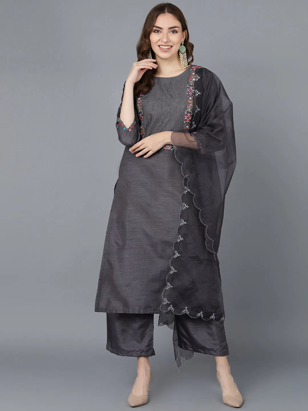 Ahika Women Grey Poly Silk Embroidered Kurta Trousers With Dupatta 2 Trousers Chinos Classic Ahika Women Grey Poly Silk Embroidered Kurta Trousers With Dupatta 2 Trousers Chinos Classic
