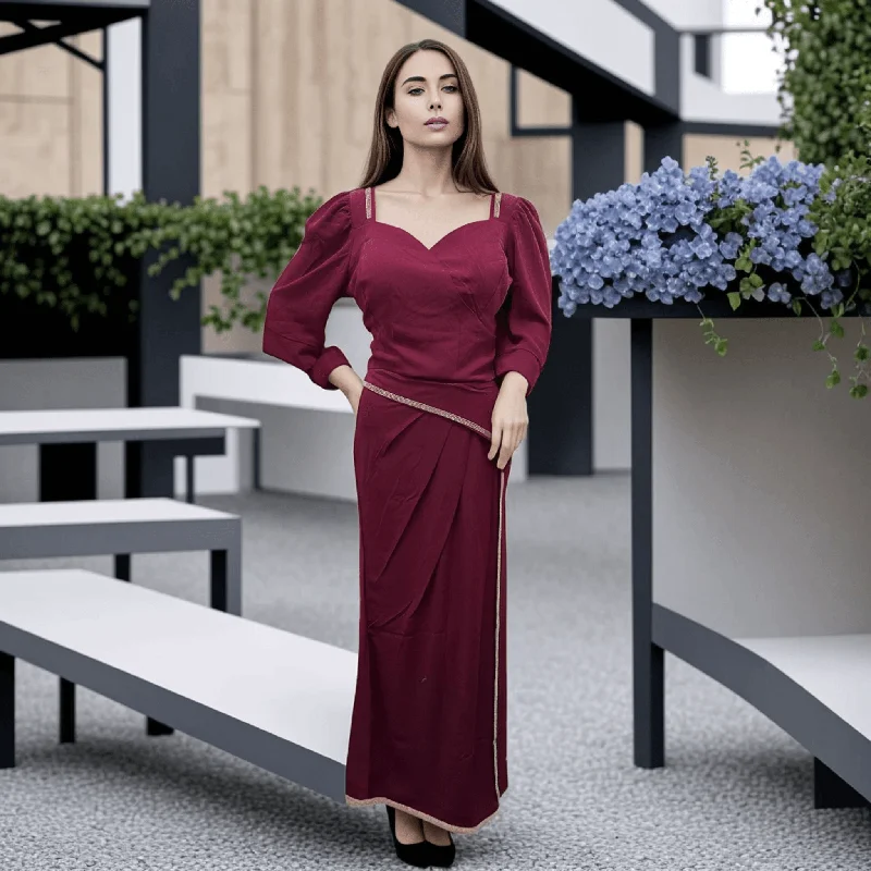 Burgundy Stone Crop Top & Draped Skirt Set: 2-Piece Indo-Western Ensemble Chenille Blend Fleece Blend Nylon Blend Burgundy Stone Crop Top & Draped Skirt Set: 2-Piece Indo-Western Ensemble Chenille Blend Fleece Blend Nylon Blend