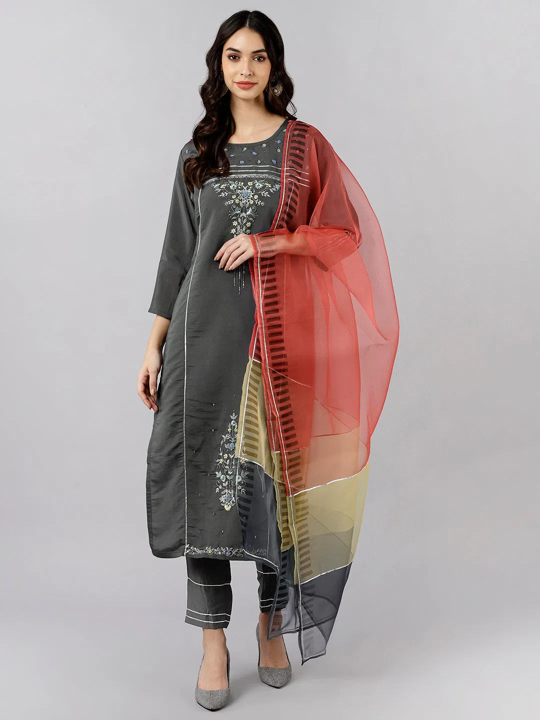 Ahika Women Grey Solid Embroidered Kurta Trousers With Dupatta 1 Trousers Yoga Stretchy Ahika Women Grey Solid Embroidered Kurta Trousers With Dupatta 1 Trousers Yoga Stretchy