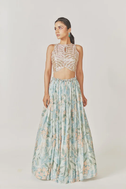 Nakshi + Kardana Embroidery Crop Top Gathered Muslin Silk Skirt Hooded Caped Shawl Collar Nakshi + Kardana Embroidery Crop Top Gathered Muslin Silk Skirt Hooded Caped Shawl Collar