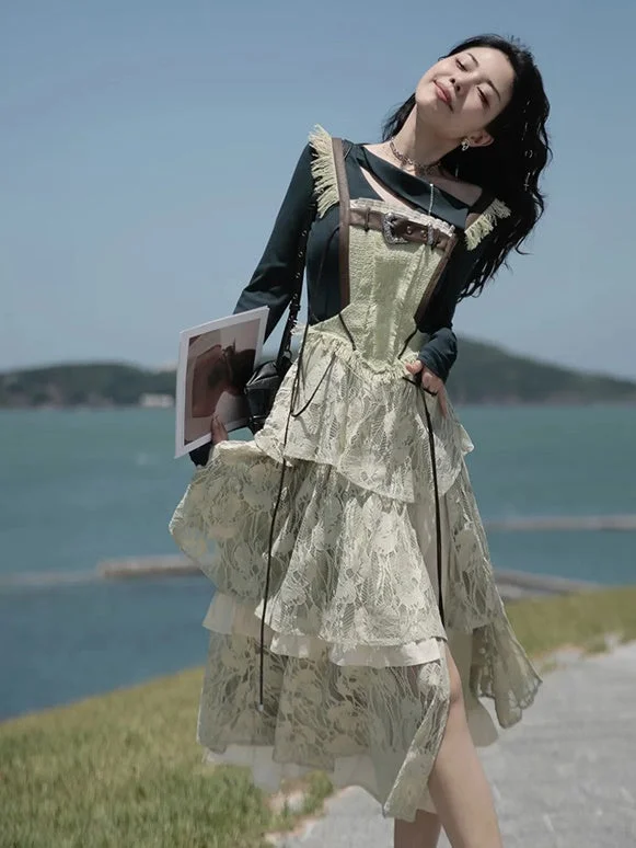 Lace Asymmetry Suspender Skirt & Cut-out Slimming Top【s0000003998】 high waist skirt
