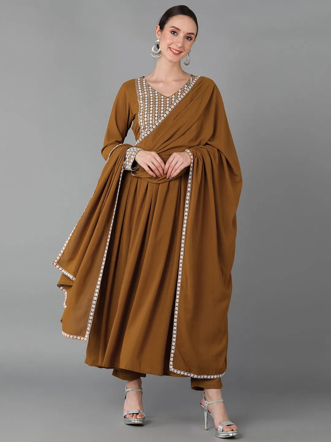 Ahika Women Mustard Poly Georgette Yoke Design Kurta Trousers With Dupatta Trousers Lace Delicate Ahika Women Mustard Poly Georgette Yoke Design Kurta Trousers With Dupatta Trousers Lace Delicate