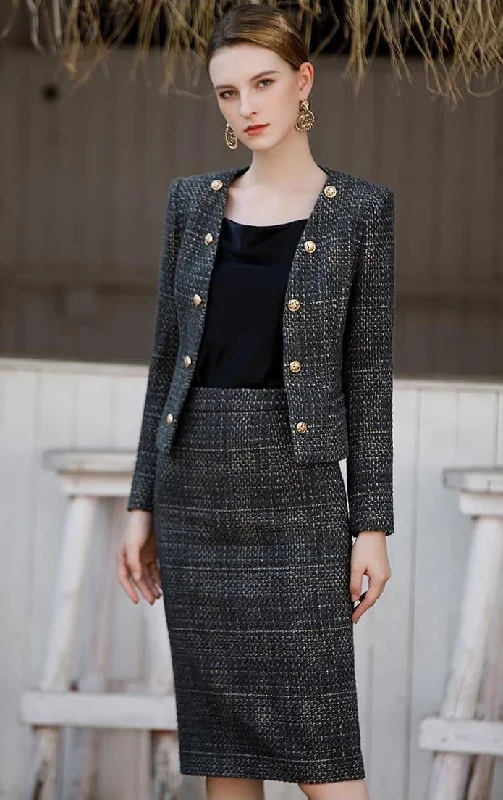 Black Tweed Button-up Jacket and Skirt Set Print Jacket Jacquard Jacket Patchwork Jacket Black Tweed Button-up Jacket and Skirt Set Print Jacket Jacquard Jacket Patchwork Jacket