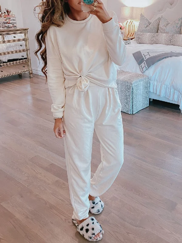 Two-piece Suit of Solid Color Casual Top and Loose Trousers Trousers Lace Delicate