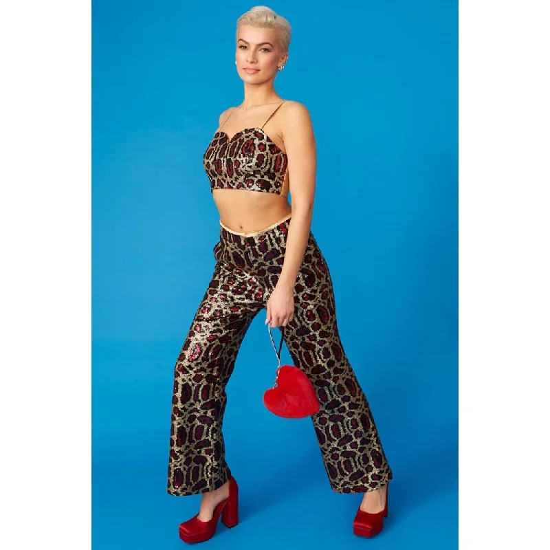Pink Bamboo Animal Print Sequin Trousers Trousers Pleated Formal