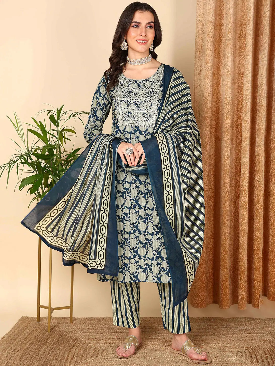 Ahika Women Navy Blue Pure Cotton Floral Printed Embroidered Kurta Trouser With Dupatta Trousers Polka Dot Cute Ahika Women Navy Blue Pure Cotton Floral Printed Embroidered Kurta Trouser With Dupatta Trousers Polka Dot Cute
