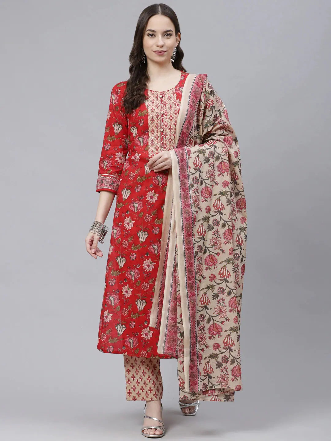Ahika Women Red Cream Coloured Printed Cotton Kurta With Trousers Dupatta Trousers Modern Contemporary Ahika Women Red Cream Coloured Printed Cotton Kurta With Trousers Dupatta Trousers Modern Contemporary