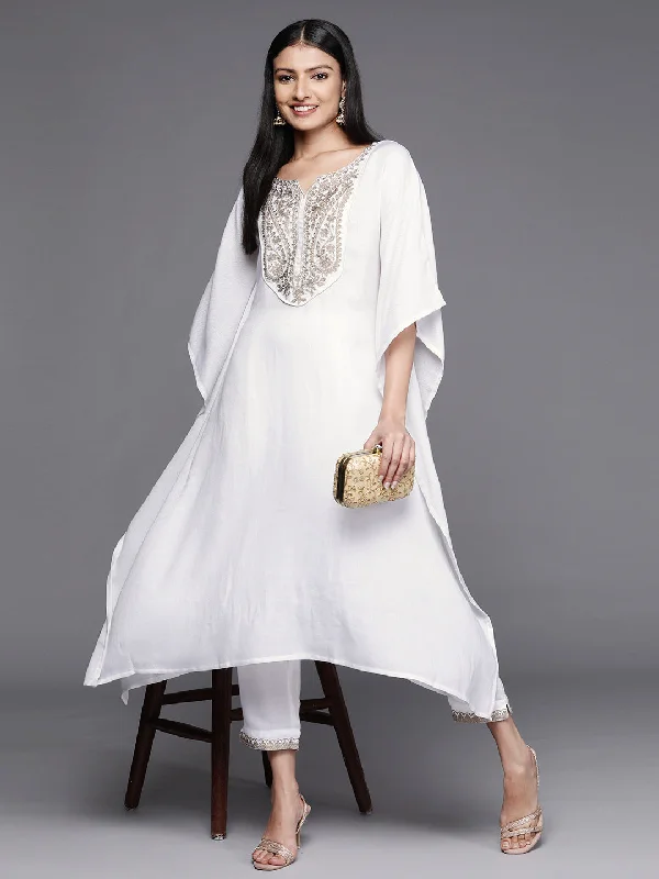 Women's White Faux Pashmina Kurta Trousers Set - Ahalyaa Trousers sophisticated sleek Women's White Faux Pashmina Kurta Trousers Set - Ahalyaa Trousers sophisticated sleek