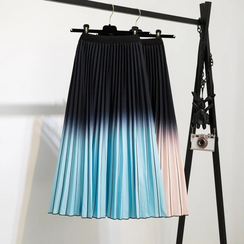 Fashion Women Color Matching Casual Elastic Waist Midi Pleated Skirt elastic waist skirt