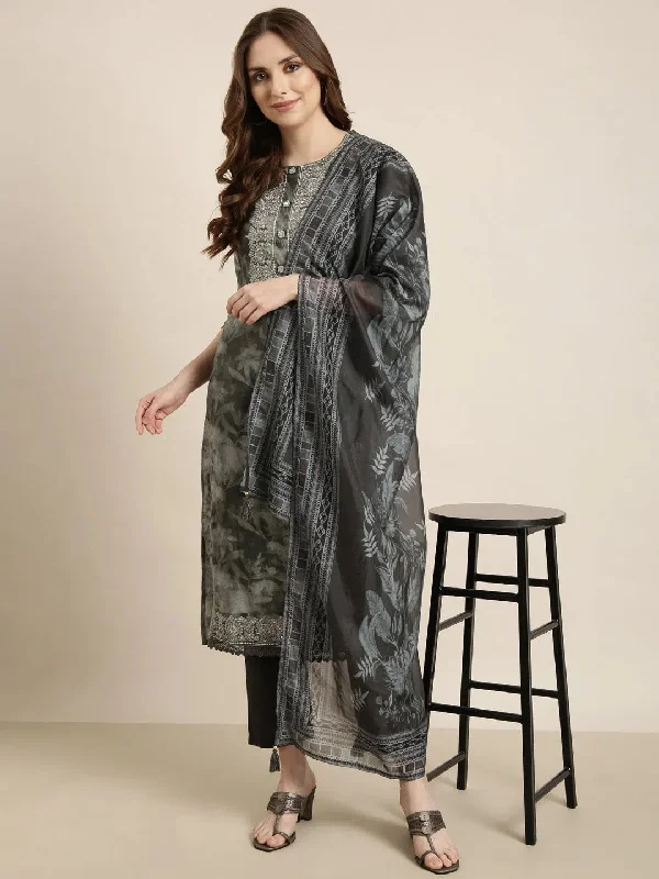Women Straight Grey Floral Kurta and Trousers Set Comes With Dupatta-GW-4390-Grey Trousers practical easy-care Women Straight Grey Floral Kurta and Trousers Set Comes With Dupatta-GW-4390-Grey Trousers practical easy-care