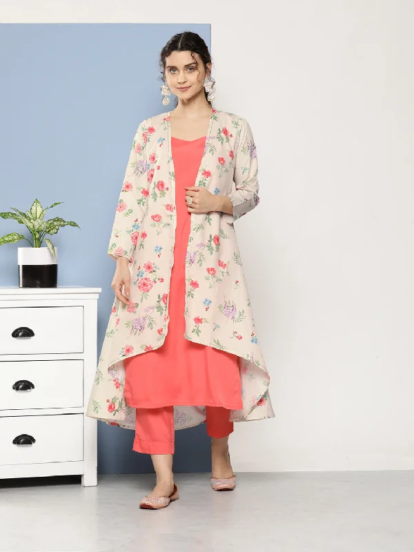 Women's Pink Poly Crepe Kurta Trousers Set - Ahalyaa Cropped Trousers Casual Linen